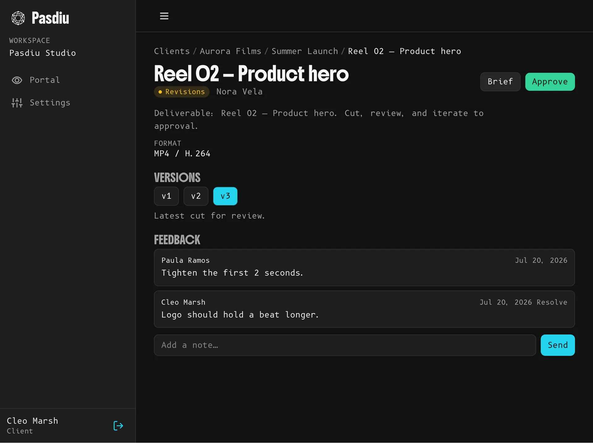 Screenshot of the Pasdiu Client Portal showing deliverables awaiting approval