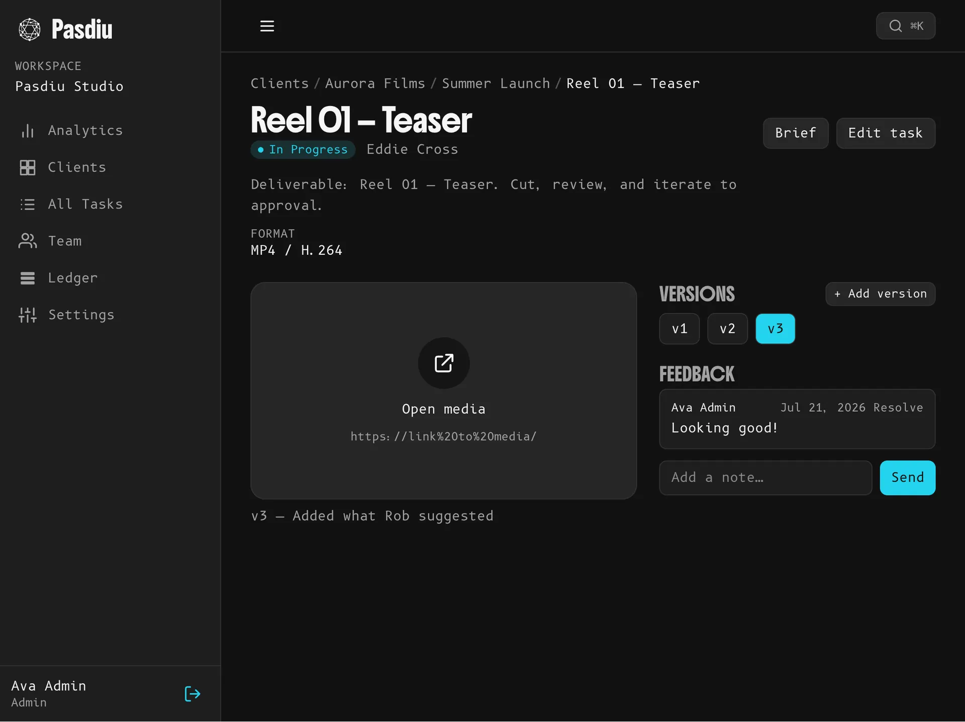 Screenshot of the Pasdiu Iteration Room with split-screen media and a version timeline