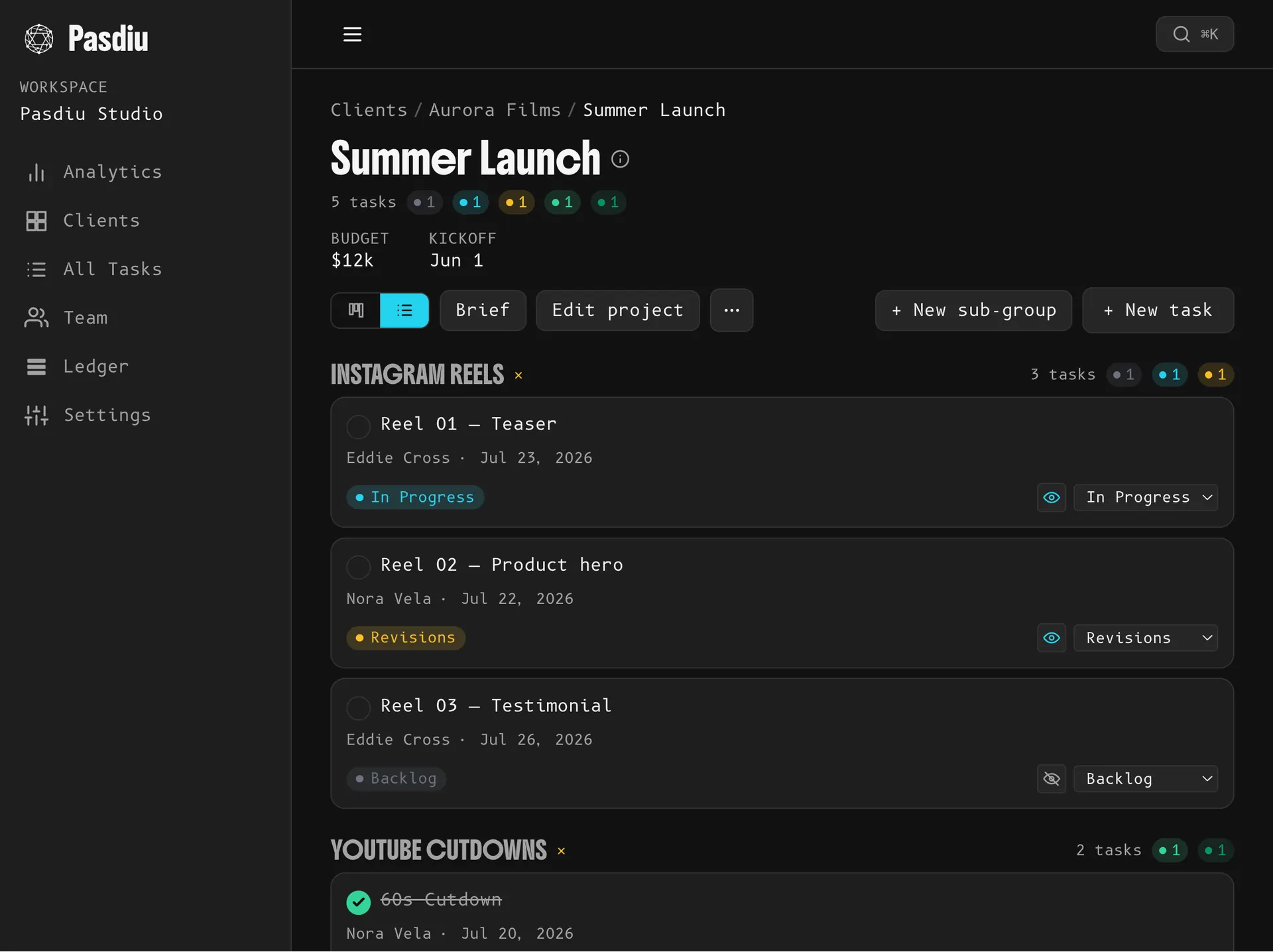 Screenshot of a Pasdiu project as a Kanban board with status columns